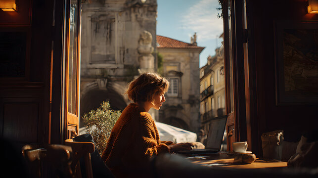 Digital Nomad Working from a Cafe in Europe	
 - Powered by Adobe