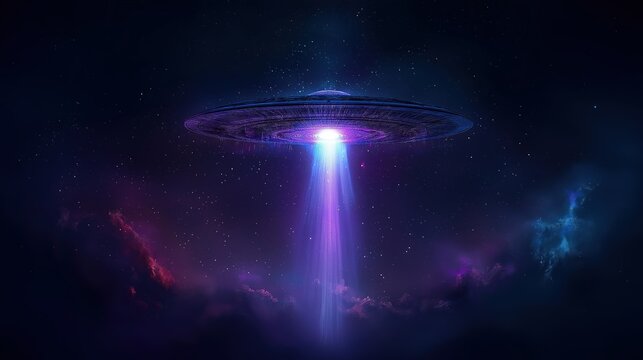 A futuristic UFO hovers in a cosmic scene, emitting a vibrant beam of light against a starry backdrop, evoking mystery and wonder.