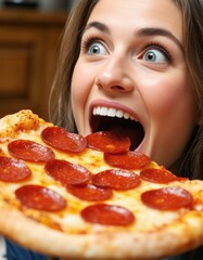Excited woman holding a large pepperoni pizza slice, ready to take a bite