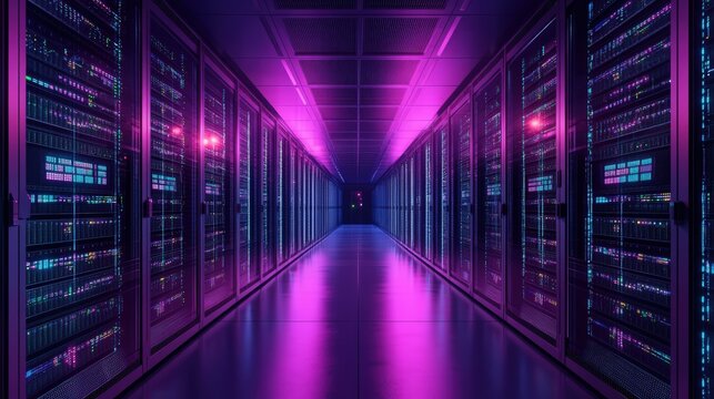 Server room with purple lights and equipment