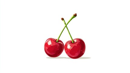Two red cherries with green stems, close-up