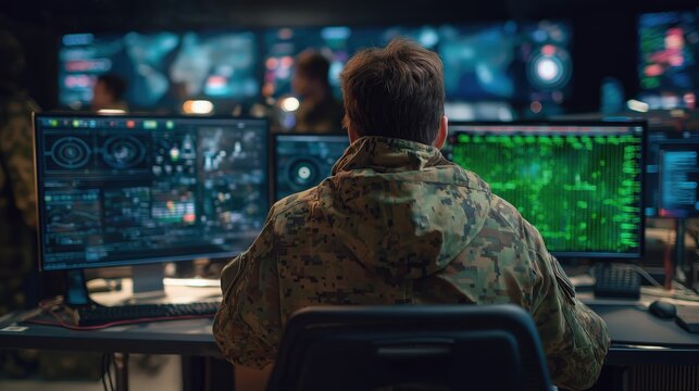 A person in military attire sits at a desk with multiple monitors displaying data and graphics in a tech-focused environment. - Powered by Adobe