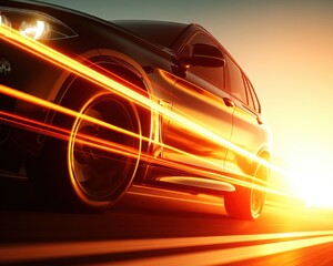 Car Silhouette Against Fiery Sunset on Blurred Road at Dusk