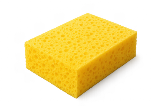Yellow porous cleaning sponge providing household hygiene services
