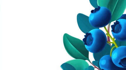 Blueberries on branch with leaves, white background
