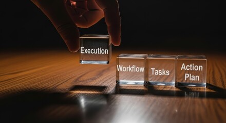 Execution and workflow combine with task action and plan to inspire efficient progress and achievement