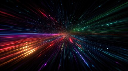 A vibrant burst of colorful light streaks against a dark background, creating a sense of motion and depth, reminiscent of cosmic phenomena or digital art.