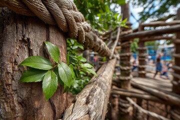 Close Up of a Wooden Playground Structure with Rope and Green Leaves in Outdoor Setting