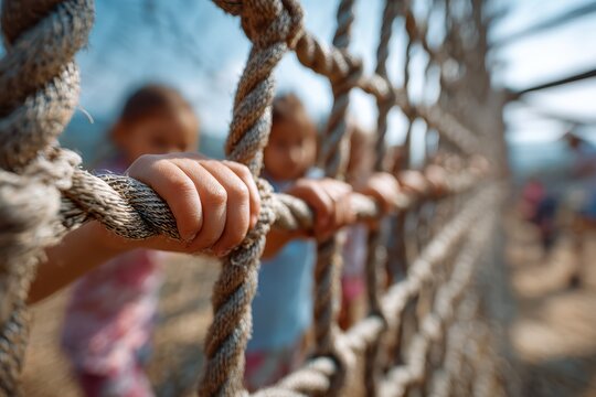 Close Up of Child's Hands Gripping Thick Rope Netting at Outdoor Playground Under Bright Sunlight