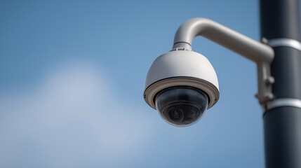 A close-up view of a surveillance camera mounted on a pole, set against a clear blue sky.