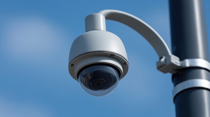 A close-up of a modern surveillance camera mounted on a pole, set against a clear blue sky.