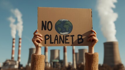 A protester holds a sign reading "No Planet B," advocating for environmental awareness against a backdrop of smokestacks.