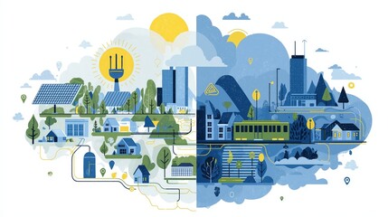 A colorful illustration depicting a blend of urban and rural landscapes, featuring renewable energy sources, buildings, and nature.