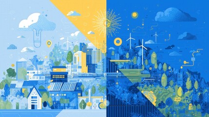 A vibrant illustration contrasting urban development with renewable energy and nature, showcasing sustainability and innovation.