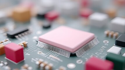 Close Up Of Pink Semiconductor Chip On Circuit Board With Electronic Components