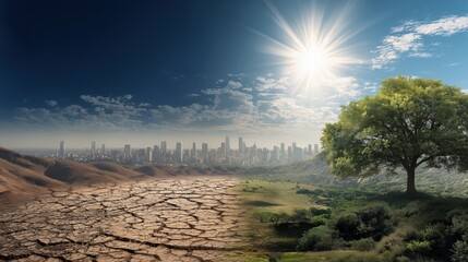 A striking image contrasting a dry, cracked landscape with a lush, green area and a city skyline, highlighting the impact of climate change.
