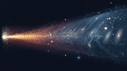 A vibrant depiction of cosmic phenomena, illustrating the vast expanse of space with galaxies, stars, and colorful light beams emanating from a central point.
