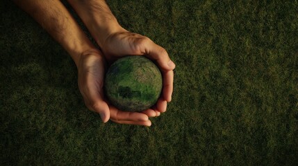 A pair of hands cradles a small, earth-like sphere, symbolizing environmental care and sustainability against a backdrop of green grass.