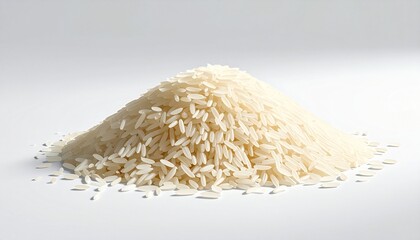 A pile of uncooked long white rice grains rests on a flat surface with a plain background, symbolizing staple food, agriculture, and culinary simplicity in a clean, minimal composition.