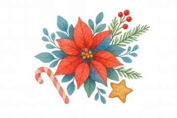 Christmas poinsettia arrangement with candy cane and star cookie, watercolor holiday styling