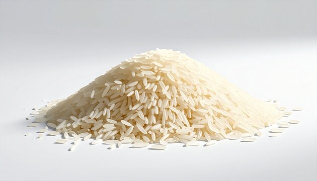 A pile of uncooked long white rice grains rests on a flat surface with a plain background, symbolizing staple food, agriculture, and culinary simplicity in a clean, minimal composition.