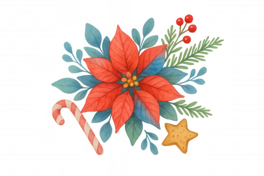 Christmas poinsettia arrangement with candy cane and star cookie, watercolor holiday styling