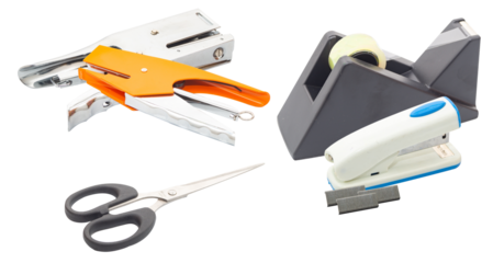 essential office supplies including staplers and scissors on a crisp white background