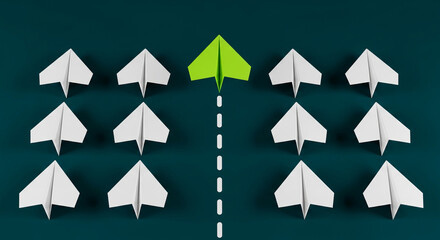 Image of origami plane, green one at the top going forward. Plane is representative of direction, leadership, future, innovation, uniqueness