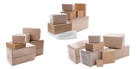 three distinct groups of moving boxes with bubble wrap for secure packaging