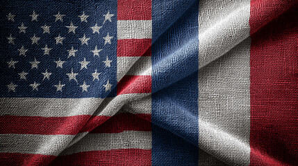 Fototapeta premium Cultural exchange event featuring american and french flags textured fabric indoor setting close-up view unity concept