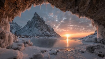 Snowy mountain range seen through an icy cave at sunset
