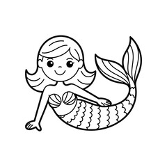 Line Art of Cute Mermaid with Fish Tail - Underwater Fantasy and Sea Creature Illustration for Kids and Coloring