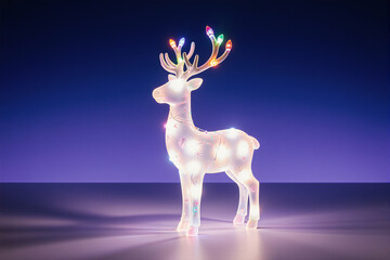 Lit reindeer figurine with multicolored lights on gradient background.