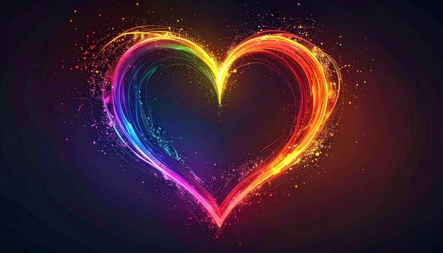 A glowing multicolored heart made of light trails and sparkles radiates against a dark background, symbolizing love, celebration, and vibrant emotional energy in a dynamic visual expression.