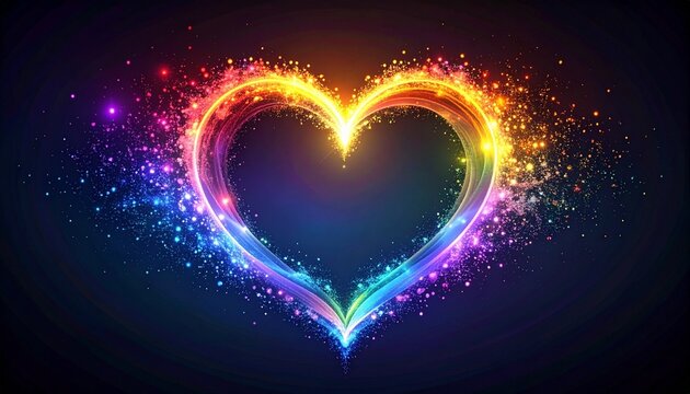 A glowing multicolored heart made of light trails and sparkles radiates against a dark background, symbolizing love, celebration, and vibrant emotional energy in a dynamic visual expression. - Powered by Adobe