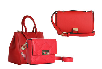 stylish assortment of red women's handbags with various designs