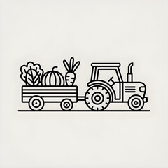 Farm Tractor with Hay Wagon and Vegetables Line Art - Rural Agriculture Illustration Coloring page