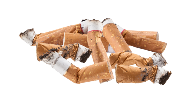 large pile of dirty discarded cigarette butts