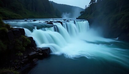 Fototapeta premium Powerful cascading waterfall plunges into vibrant teal river surrounded by dense green forest under a moody twilight sky