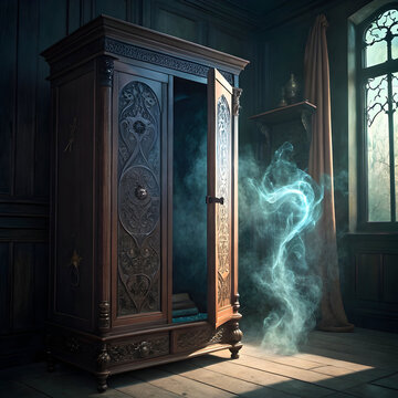 An enchanted almari filled with swirling magical mist, glowing softly, radiating mystery