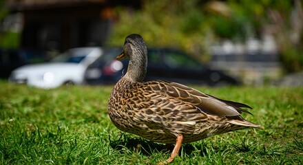 High resolution color image of a single adult female duck on the green grass next to the beautiful lake of Champex Lac- Switzerland part of the famous TMB- Tour du Mont Blanc trail