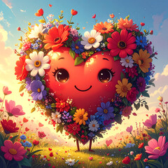 Cute heart shaped character with smiling face surrounded by colorful wildflower crown in sunlit meadow, joyful and whimsical mood
