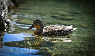 High resolution color image of a single adult female duck swimming across the waters of the beautiful lake of Champex Lac- Switzerland part of the famous TMB- Tour du Mont Blanc trail