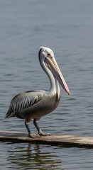 Pelican on a Log in Water.