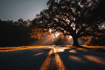 Fototapeta premium Sunrise illuminates a country road, large oak tree