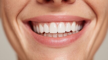 Obraz premium A close-up of a woman smiling, showcasing bright, healthy teeth and a joyful expression.