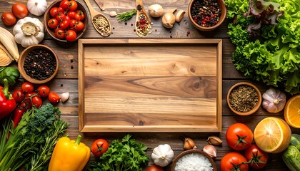 Wooden board surrounded by fresh vegetables, herbs, and spices on a rustic wooden surface
