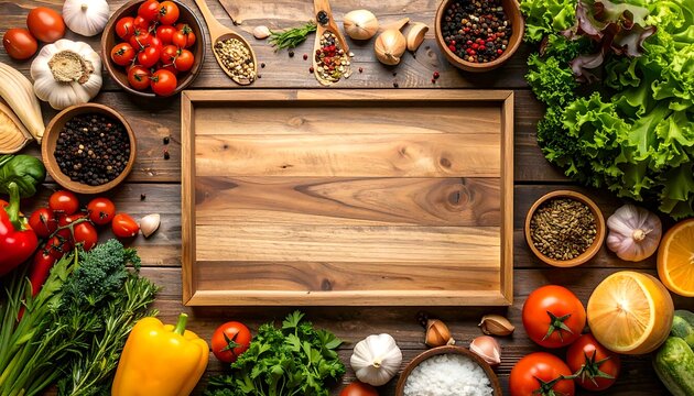 Wooden board surrounded by fresh vegetables, herbs, and spices on a rustic wooden surface