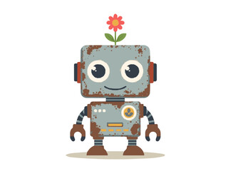 Cute, rusty robot with a flower, perfect for children's books, educational projects, and creative designs