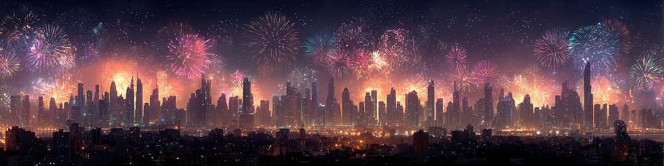 Fototapeta premium A vibrant countdown clock display is projected onto a modern skyscraper du a festive celebration with colorful fireworks over the city skyline at night.